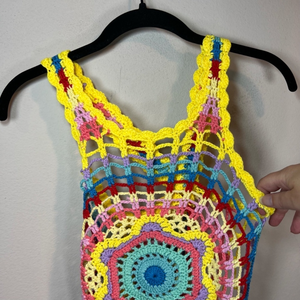 Boho Hippie Crochet Tank Top Multicolor Scalloped Hem Festival Summer Size Small - Picture 3 of 11